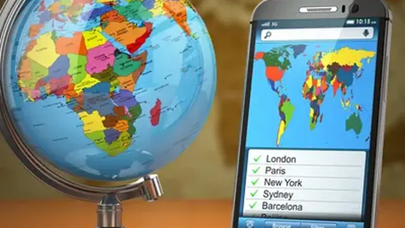 Smartphone showing a globe with world map for travel