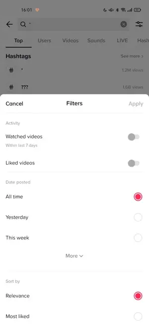 TikTok search filters screen for watched videos and liked videos