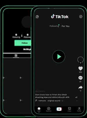 TikTok For You feed and profile screens showing likes, comments and share buttons