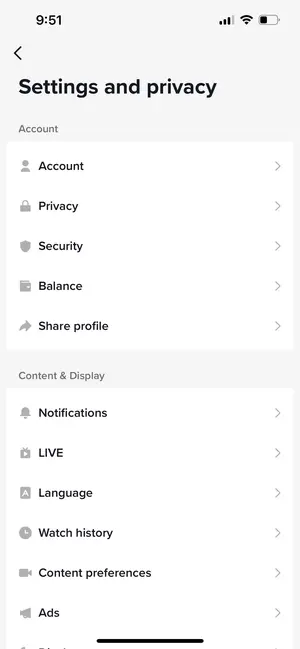 TikTok Settings and privacy screen with Account, Privacy and Security options